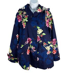 Appleseeds Petites Womens Floral Hooded Jacket Navy PL Cotton Blend Button-Up